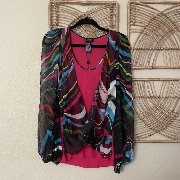 Custo Barcelona Tops - Custo Barcelona Y2K 60s Psychedelic Sheer Top Blouse Vibrant Funk Hip Sz 2 B34